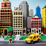 **A group of diverse children enthusiastically building a vibrant, colorful city with LEGO bricks. The scene should depict creativity and collaboration, with skyscrapers, parks, and whimsical vehicles all made of LEGOs.** (Focus: Creativity, construction, spatial reasoning)