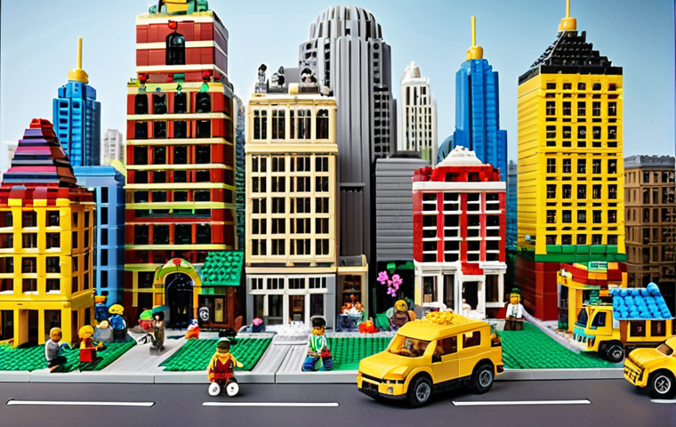 **A group of diverse children enthusiastically building a vibrant, colorful city with LEGO bricks. The scene should depict creativity and collaboration, with skyscrapers, parks, and whimsical vehicles all made of LEGOs.** (Focus: Creativity, construction, spatial reasoning)