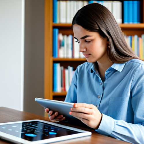 Home 6 A young adult student (neutral gender presentation), fully clothed in modest, professional-casual attire, is deeply focused on a digital tablet in a bright, modern home office. The tablet displays an interactive, adaptive learning platform with engaging graphics, symbolizing personalized learning and AI integration. The background features blurred bookshelves and a glimpse of natural light, creating a calm learning environment. The overall atmosphere is one of focused, personalized learning, emphasizing technology as a guide. safe for work, appropriate content, fully clothed, professional, perfect anatomy, correct proportions, well-formed hands, natural body proportions, natural pose, professional photography, high quality.