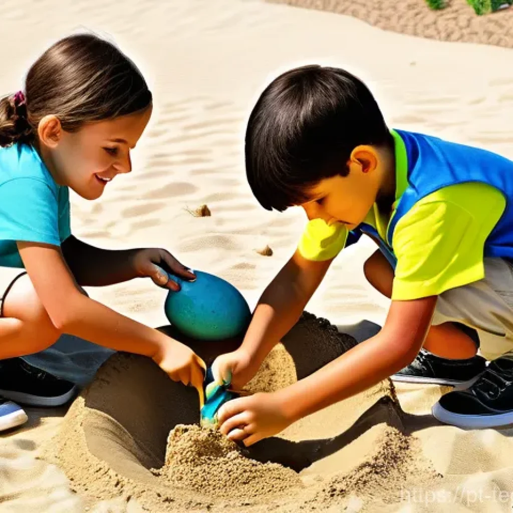 자녀와 함께하는 홈스쿨링 프로젝트 아이디어 - **Homeschool Dinosaur Dig Adventure:**
A vibrant, sunlit scene featuring two excited children, o...