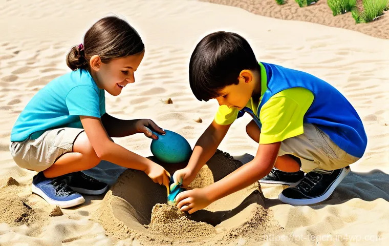 자녀와 함께하는 홈스쿨링 프로젝트 아이디어 - **Homeschool Dinosaur Dig Adventure:**
A vibrant, sunlit scene featuring two excited children, o...