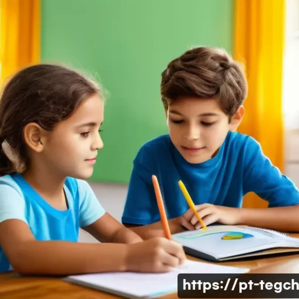 홈스쿨링에서의 교육 기술 활용 사례 - A bright and cozy homeschooling environment in a Brazilian home, featuring two children aged around ...