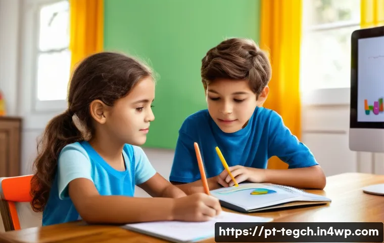 홈스쿨링에서의 교육 기술 활용 사례 - A bright and cozy homeschooling environment in a Brazilian home, featuring two children aged around ...
