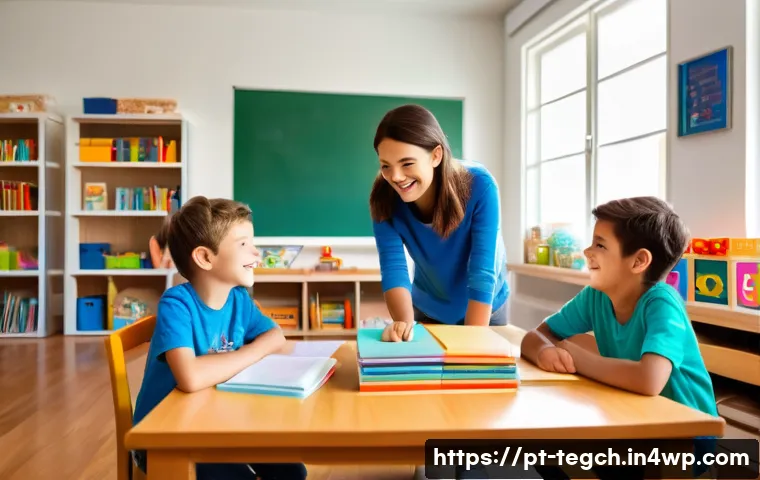 홈스쿨링에서의 협력적 학습 - A cozy home study room designed for collaborative learning with three children sitting around a larg...