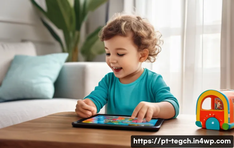 홈스쿨링을 위한 기초 영어 교육 방법 - A cheerful young child wearing colorful casual clothes and a diaper, sitting at a small wooden table...