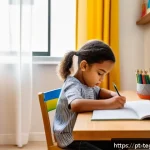 Home 22 자녀의 간섭 없이 홈스쿨링 관리하기 - A bright and cozy homeschooling corner in a modern Brazilian home, featuring a child-sized wooden de...