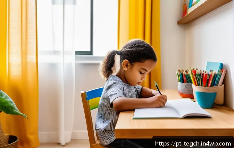 자녀의 간섭 없이 홈스쿨링 관리하기 - A bright and cozy homeschooling corner in a modern Brazilian home, featuring a child-sized wooden de...