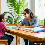 Home 21 홈스쿨링과 스스로 학습의 중요성 - A warm and inviting homeschooling environment inside a modern Brazilian home, showing a mother and h...