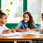 Home 20 홈스쿨링에서의 팀 기반 학습 효과 - A cozy homeschooling group scene showing three children aged around 10-12 collaborating on a science...