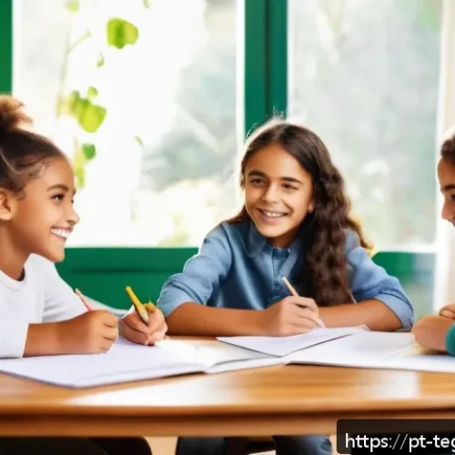 Home 32 홈스쿨링에서의 팀 기반 학습 효과 - A cozy homeschooling group scene showing three children aged around 10-12 collaborating on a science...