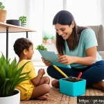Home 18 홈스쿨링 부모를 위한 자기 개발 방법 - A warm and inviting family homeschooling scene in a modern Brazilian living room, featuring parents ...