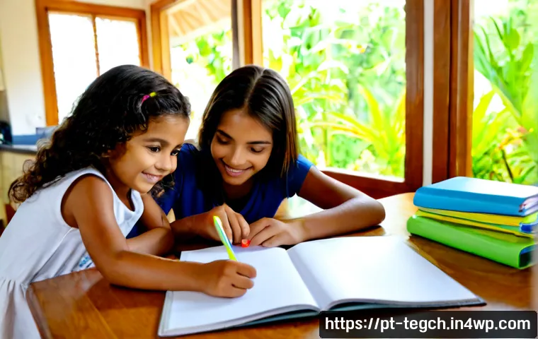 Home 17 홈스쿨링의 다양한 방식과 장단점 - Photorealistic Brazilian home education scene, a cheerful parent guiding two school-age children thr...