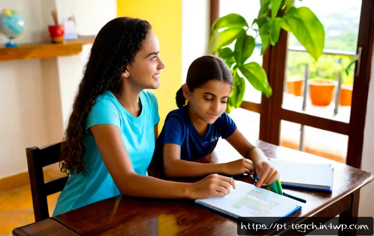 Home 17 홈스쿨링의 글로벌 사례 연구 - Photorealistic homeschooling scene in a bright Brazilian family apartment, mother and two school-age...
